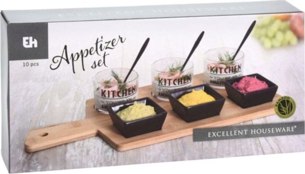 Excellent Houseware Σετ Σερβιρίσματος 10 Τεμαχίων, Με 6 Μπολ & 3 Κουτάλια σε Μπαμπού Σανίδα 37x17,5 εκ.