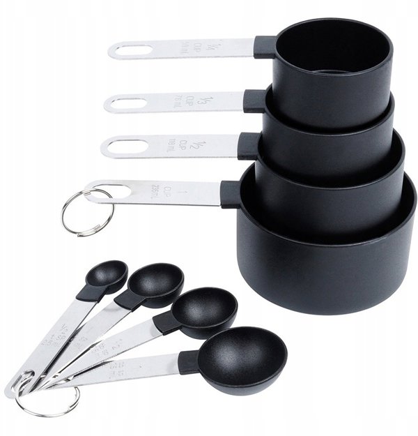 Excellent Houseware Σετ Μεζούρες Κουζίνας 8 Τεμαχίων, Κουτάλια και Κύπελλα Μέτρησης, Μαύρο/Ατσάλινο