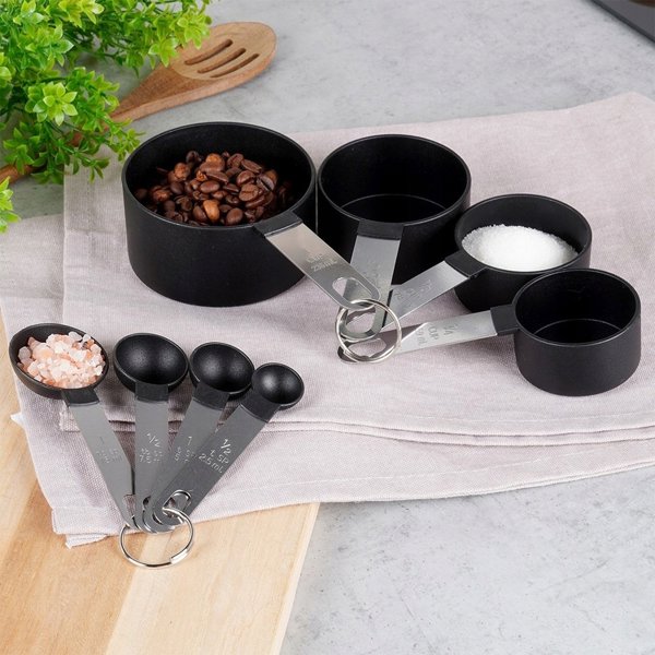 Excellent Houseware Σετ Μεζούρες Κουζίνας 8 Τεμαχίων, Κουτάλια και Κύπελλα Μέτρησης, Μαύρο/Ατσάλινο