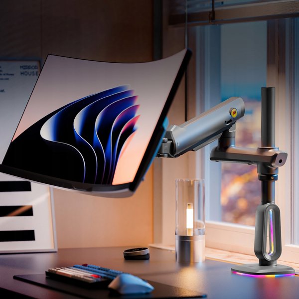 F7-XM Gulf Blue Podswietlenie RGB Gamingowy mocny uchwyt biurkowy do duzych monitorow 32-60 cali