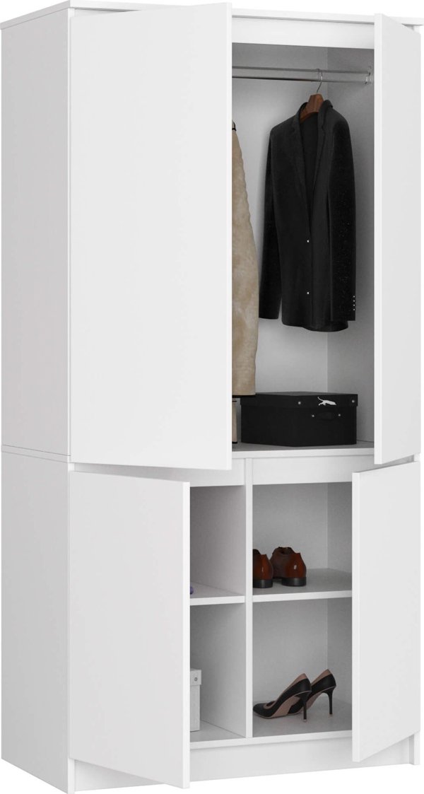 Fabryka Mebli Akord Ντουλάπα υπνοδωματίου 90 cm 4 πόρτες 4 ράφια ράβδος για ρούχα - λευκή