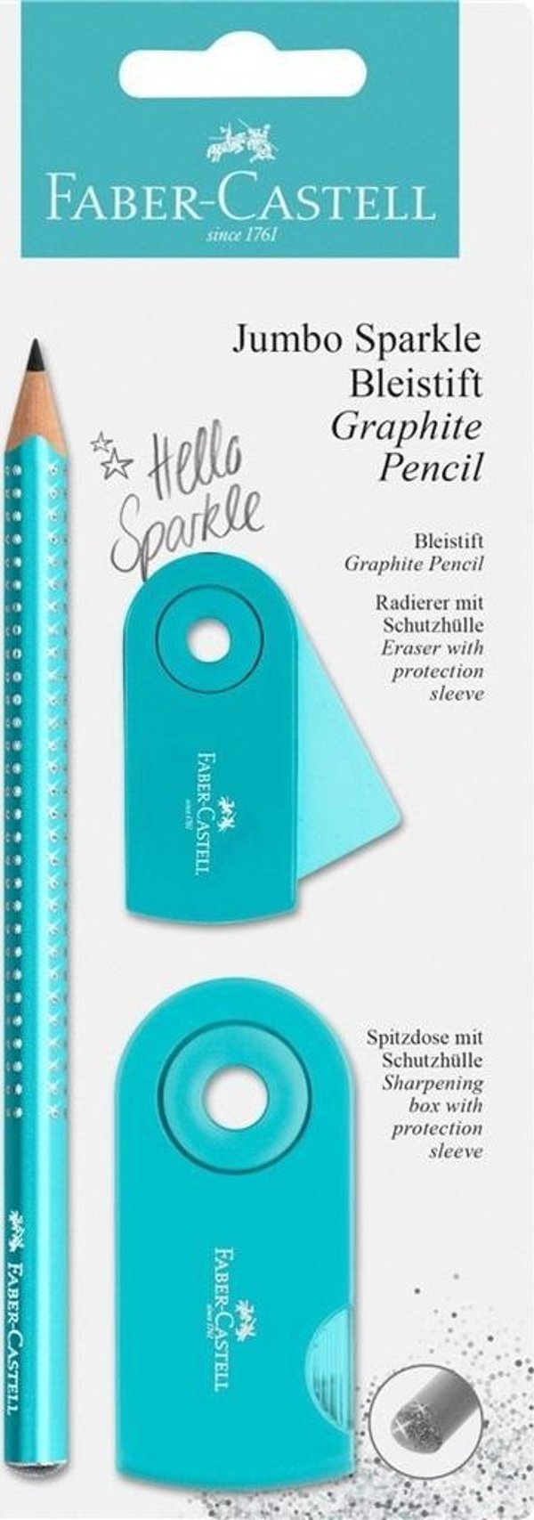 Faber-Castell Σετ με Μολύβι Γραφίτη Jumbo Sparkle σε Πέρλα Τιρκουάζ με Γόμα Sleeve και Ξύστρα Sleeve