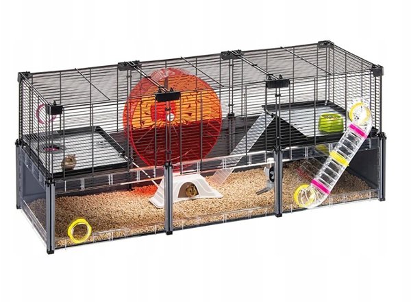 FERPLAST Stor Hamsterbur - Musebur & Hamsterhus - Metalnet - med Tilbehør - Modulær - Multipla Hamster, 107,5 x 37,5 x h 42 CM