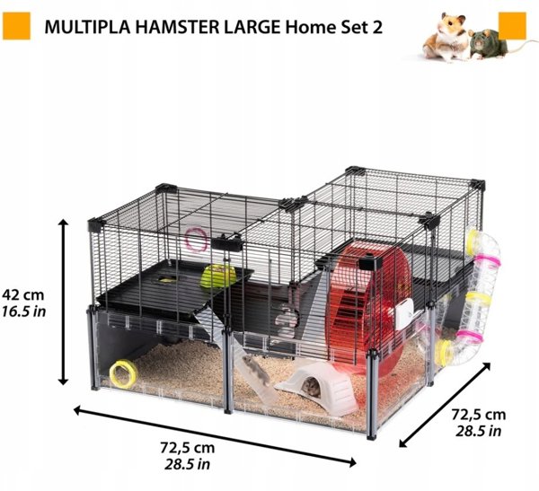 FERPLAST Stor Hamsterbur - Musebur & Hamsterhus - Metalnet - med Tilbehør - Modulær - Multipla Hamster, 107,5 x 37,5 x h 42 CM