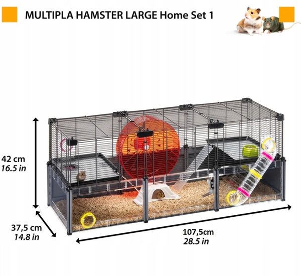 FERPLAST Stor Hamsterbur - Musebur & Hamsterhus - Metalnet - med Tilbehør - Modulær - Multipla Hamster, 107,5 x 37,5 x h 42 CM