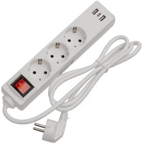 Fiesta καλώδιο επέκτασης 3 υποδοχές 2xUSB-A 1xUSB-C 1,5 μ, 10A, λευκό