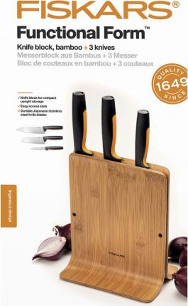Fiskars Σετ 3 Μαχαιριών με Βάση από Μπαμπού 1057553 - Ανοξείδωτο Ατσάλι
