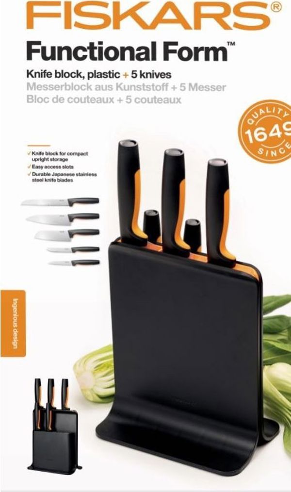 Fiskars Σετ 5 Μαχαιριών Functional Form 1057554 με Μαύρη Θήκη Μπλοκ