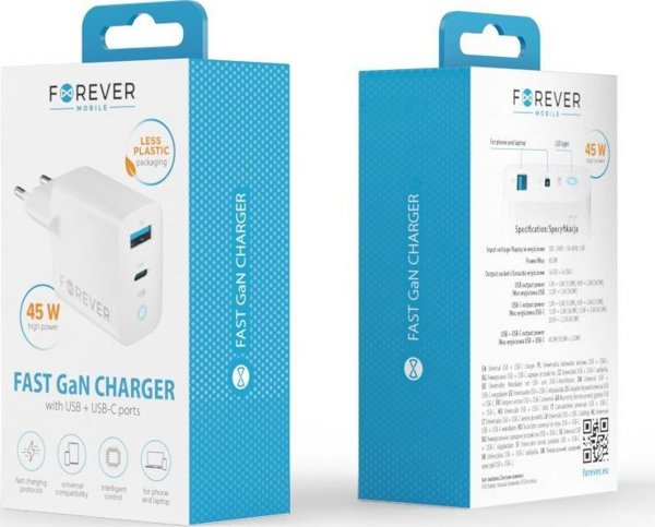 Forever TC-06-45AC GaN PD QC charger 1x USB-C 1x USB 45W white 5900495088673