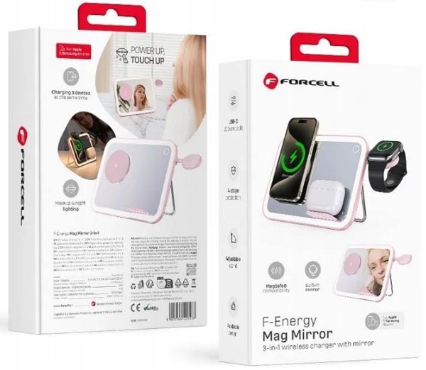 Forcell F-ENERGY Mag Mirror 3 σε 1 15W ασύρματος φορτιστής συμβατός με MagSafe / Apple Watch / Samsung Watch / AirPods ροζ