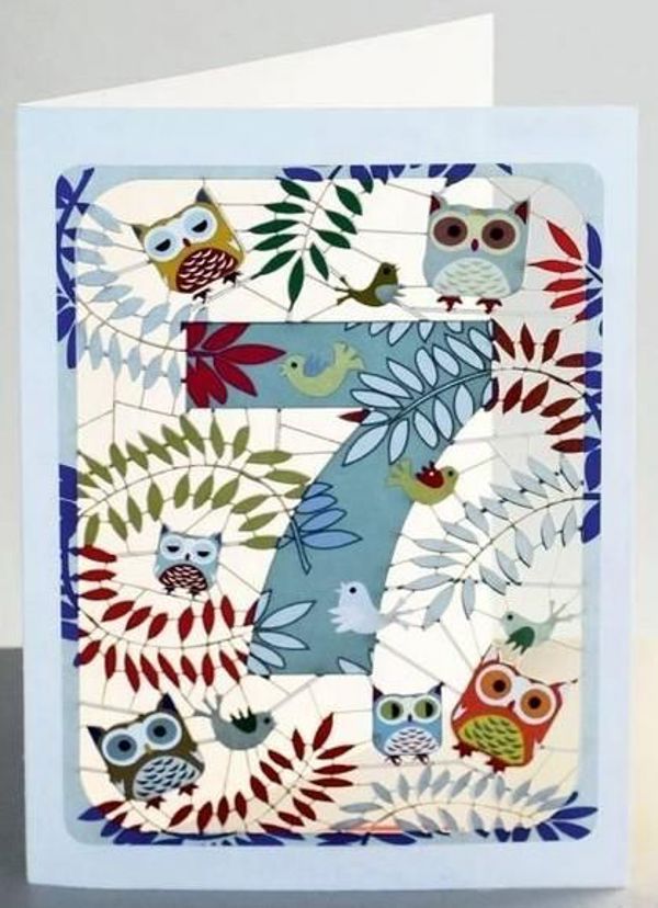 Forever Cards Karnet PM797 wycinany + koperta Urodziny 7 sowy