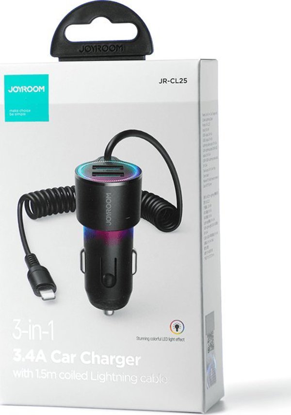 Φορτιστής JOYROOM JOYROOM γρήγορος φορτιστής αυτοκινήτου 3 σε 1 με καλώδιο Lightning 1.5m 17W μαύρο (JR-CL25)