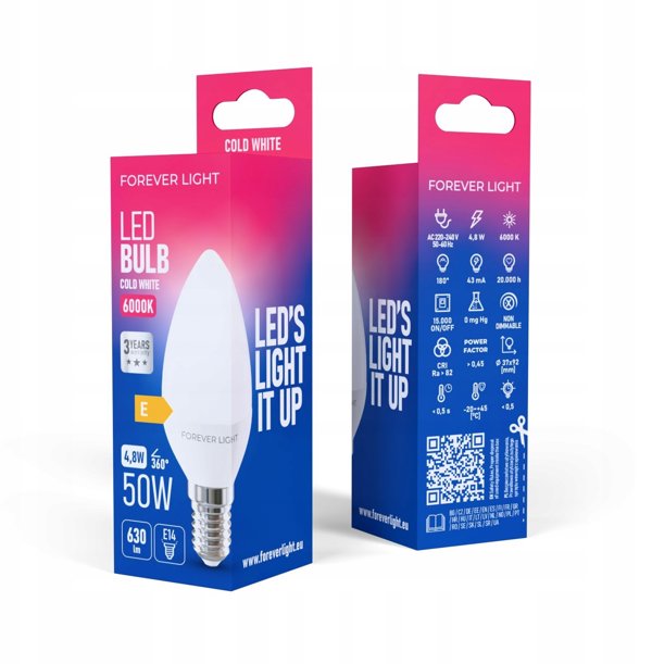 Forever Light Forever Light Żarówka LED E14 C37 4.8W 630lm 6000K klasa E