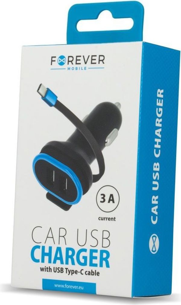 Φορτιστής αυτοκινήτου Forever CC-02 2x USB 3A μαύρος με καλώδιο USB-C 0,2 μ 5900495647146