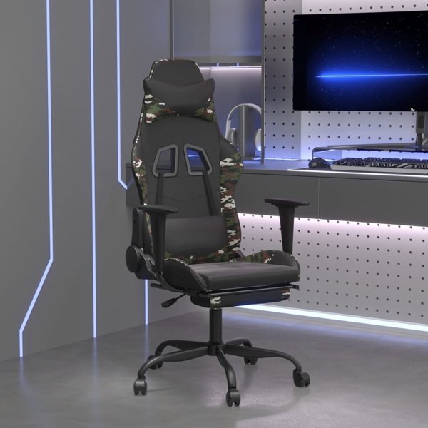 vidaXL Μασάζ gaming καρέκλα με υποπόδιο, μαύρη και καμουφλάζ