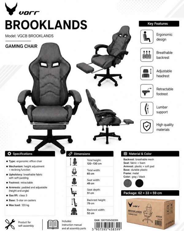 Fotel Varr VARR GAMING CHAIR FOTEL GAMINGOWY BROOKLANDS WITH FOOTREST TWO PILLOWS [45839]