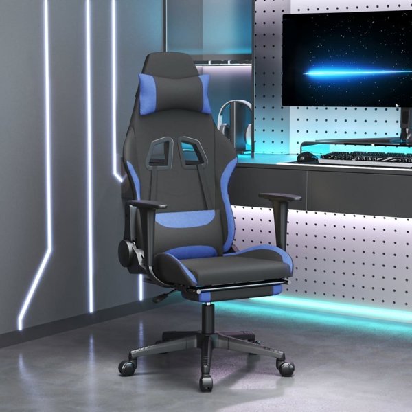 vidaXL Περιστρεφόμενη καρέκλα gaming με υποπόδιο, μαύρο-μπλε ύφασμα