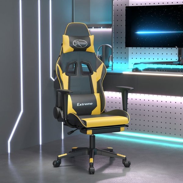 vidaXL Μασάζ παιχνίδι πολυθρόνα gaming με σκαμπώ, μαύρο-χρυσό