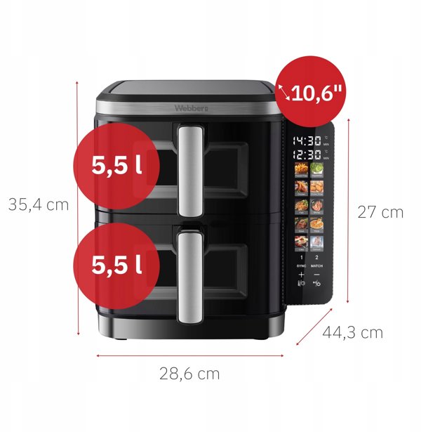 Φριτέζα διπλή κατακόρυφη χωρίς λάδι Air Fryer 2800W 11L XXL Webber