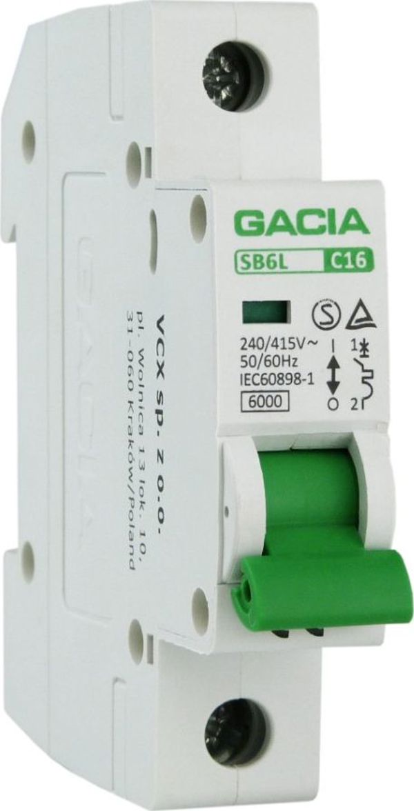 GACIA Μικροαυτόματος Διακόπτης C16 1P 6kA, Ασφάλεια Πίνακα Τύπου S SB6L 16A