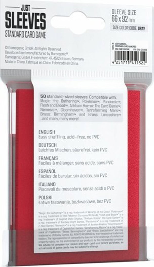 Gamegenic Just Sleeves - Θήκες Καρτών Standard (66x91mm), Κόκκινο, 50 Τεμάχια