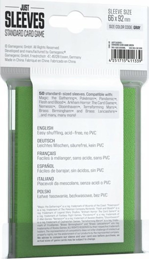 Gamegenic Just Sleeves - Θήκες Καρτών Standard Card Game Sleeves (66x91mm), Πράσινες, 50 Τεμάχια