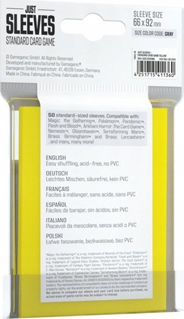 Gamegenic Gamegenic: Just Sleeves - Standard μανίκια για παιχνίδι με κάρτες (66x91 mm), κίτρινο, 50 τεμάχια 13962960 4251715411360