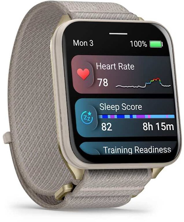 Garmin Venu X1 Soft Gold Titanium Caseback and French Gray ComfortFit Nylon Band