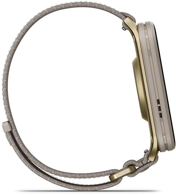 Garmin Venu X1 Soft Gold Titanium Caseback and French Gray ComfortFit Nylon Band
