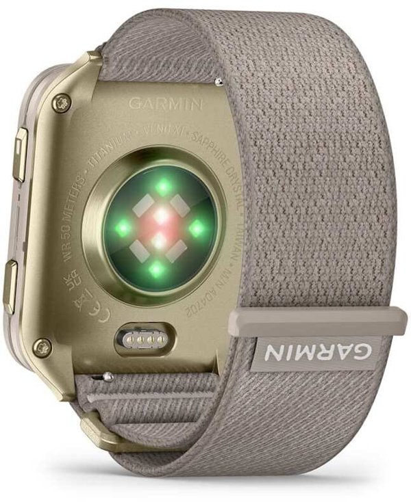 Garmin Venu X1 Soft Gold Titanium Caseback and French Gray ComfortFit Nylon Band