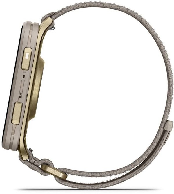Garmin Venu X1 Soft Gold Titanium Caseback and French Gray ComfortFit Nylon Band