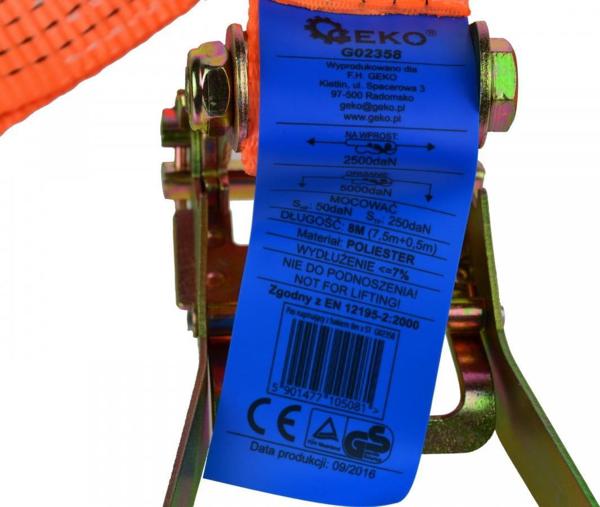 Ιμάντας Μεταφοράς Φορτίου Geko G02358 8m x 50mm με Καστάνια, 5 Τόνων