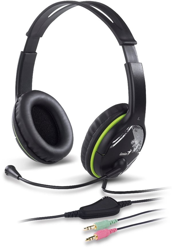 GENIUS sluchátka s mikrofonem HS-400A, černozelená, + redukce na Single Jack