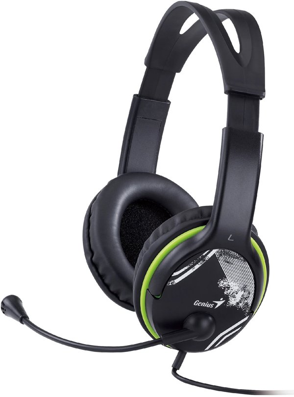 GENIUS sluchátka s mikrofonem HS-400A, černozelená, + redukce na Single Jack