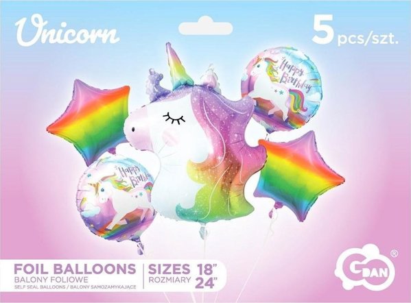 GoDan Balony foliowe zestaw Jednorozec 5 szt