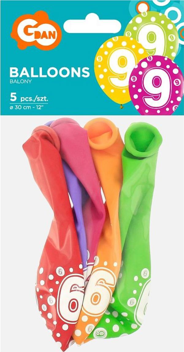 Μπαλόνια GoDan με Αριθμό 9, Latex, 12 Ίντσες, 5 Τεμάχια