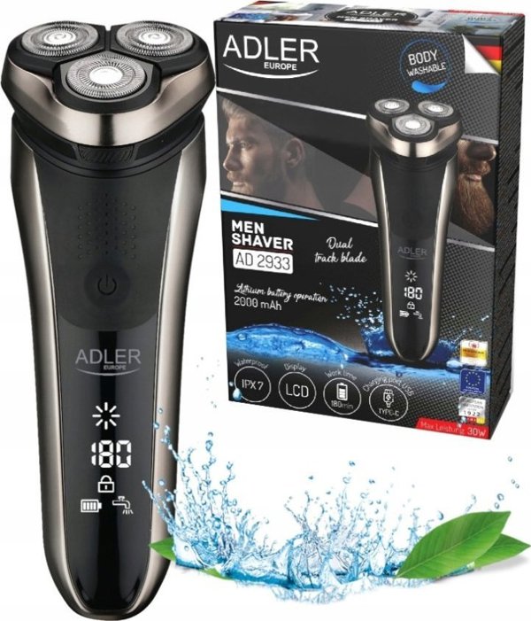 Adler AD 2933 Ανδρική Ξυριστική Μηχανή, Αδιάβροχη IPX7, Επαναφορτιζόμενη USB-C, με Οθόνη LCD, 180' Αυτονομία, Γκρι