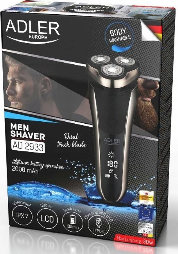 Adler AD 2933 Ανδρική Ξυριστική Μηχανή, Αδιάβροχη IPX7, Επαναφορτιζόμενη USB-C, με Οθόνη LCD, 180' Αυτονομία, Γκρι
