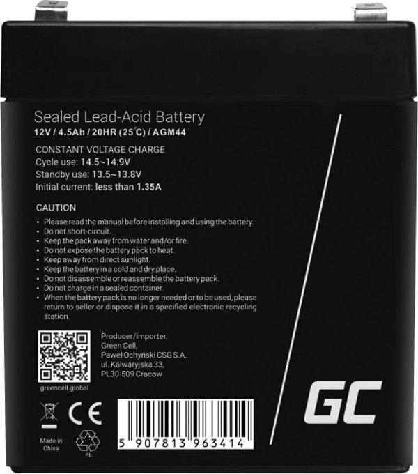 Green Cell Μπαταρία AGM 12V 4.5Ah (AGM44) - Επαναφορτιζόμενη Μπαταρία Gel 9cm