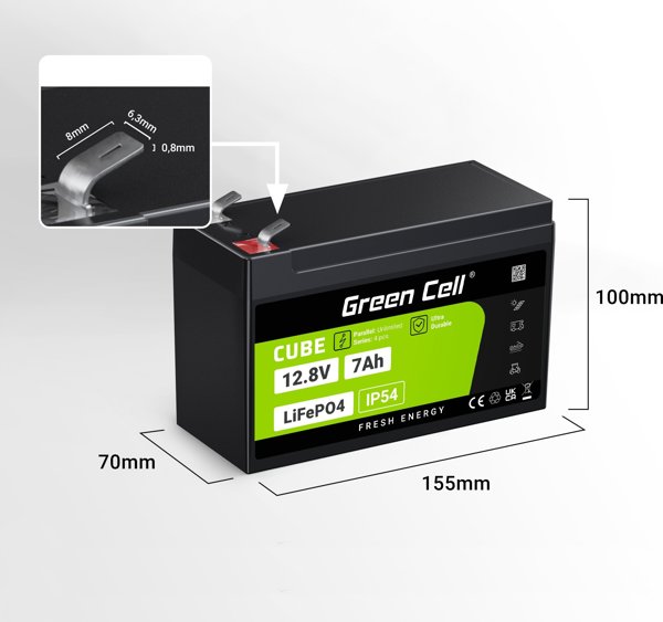 Green Cell CUBE Μπαταρία LiFePO4 7Ah 12.8V 89.6Wh (λιθιο-σιδηρο-φωσφορική) για UPS και Monitoring