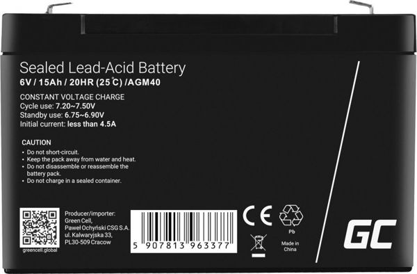 Green Cell Μπαταρία AGM 6V 15Ah (AGM40) - Επαναφορτιζόμενη Μπαταρία Gel 15,1x9,4cm