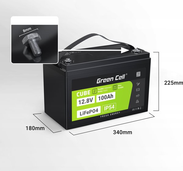 Green Cell CUBE Μπαταρία LiFePO4 100Ah 12.8V 1280Wh Λιθίου για Φωτοβολταϊκά, Τροχόσπιτα και Σκάφη
