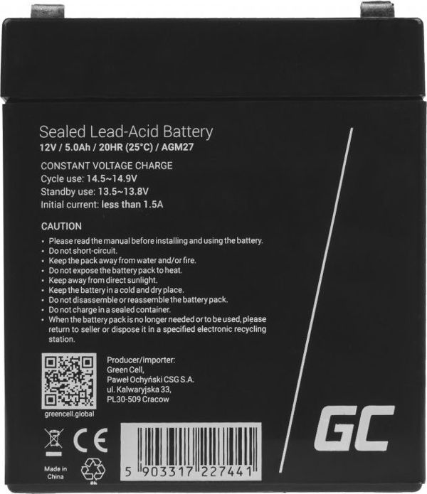 Green Cell Μπαταρία AGM 12V 5Ah (AGM27) - Επαναφορτιζόμενη Μπαταρία Gel 9cm