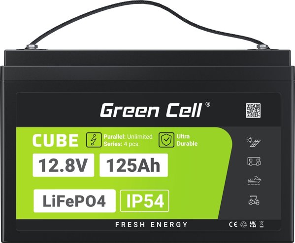 Green Cell CUBE Μπαταρία LiFePO4 125Ah 12.8V 1600Wh Λιθίου για Τροχόσπιτο, Ηλιακά Συστήματα & Σκάφος