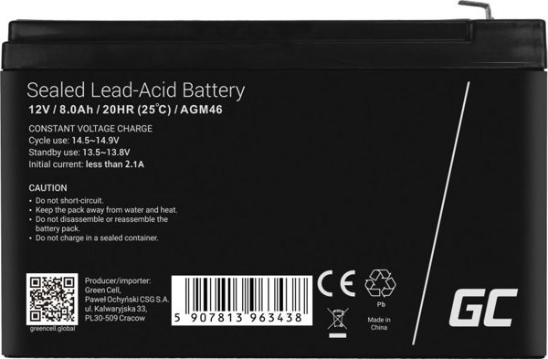 Green Cell Μπαταρία AGM 12V/8Ah - Επαναφορτιζόμενη Μπαταρία Gel για UPS και Συστήματα Ασφαλείας (AGM46)