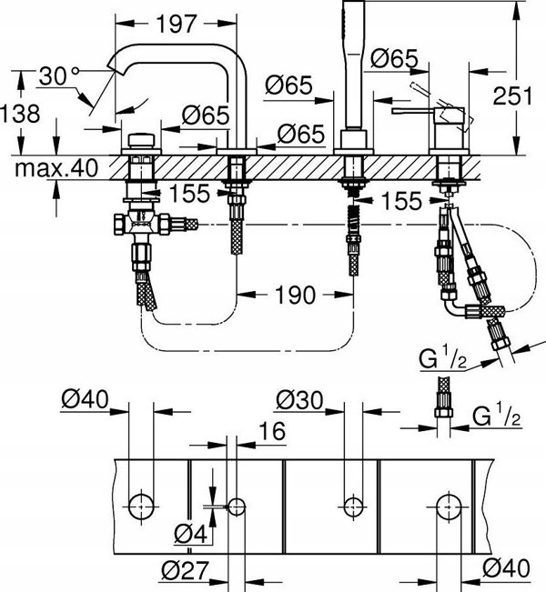 Grohe Grohe 4-otworowa bateria wannowa Essence czarny 25251KF1