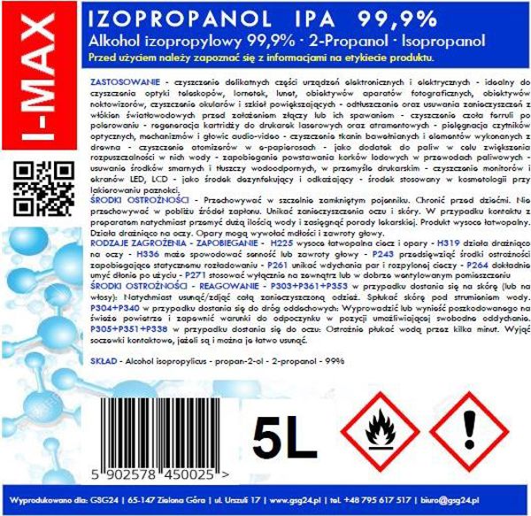GSG Alkohol izopropylowy Izopropanol IPA I-MAX 99,9% 5L