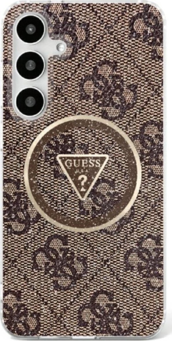Θήκη MagSafe Guess 4G Glitter Triangle Buttons για Samsung Galaxy S25 Καφέ