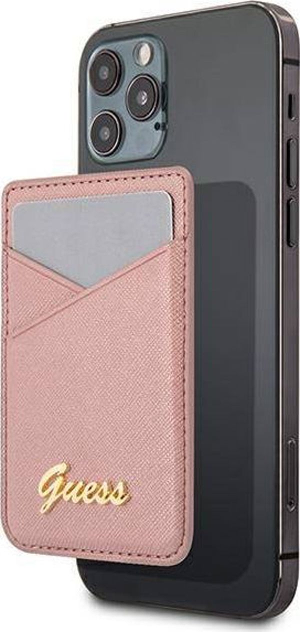 Guess Wallet Card Slot MagSafe για iPhone, Θήκη Καρτών Saffiano με Χρυσό Λογότυπο, Ροζ