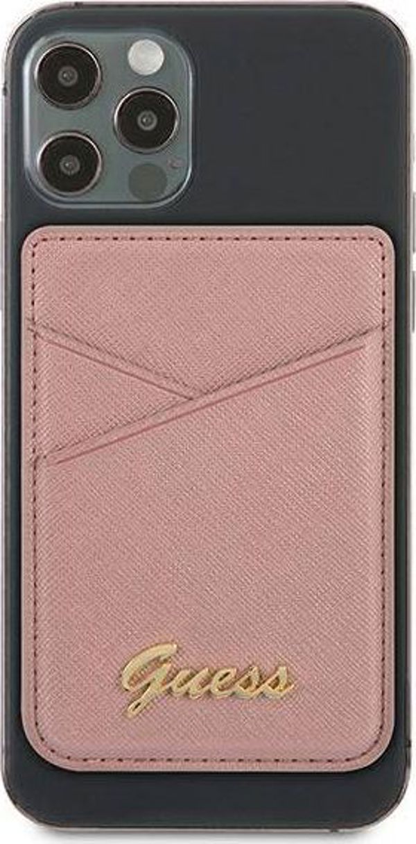 Guess Wallet Card Slot MagSafe για iPhone, Θήκη Καρτών Saffiano με Χρυσό Λογότυπο, Ροζ